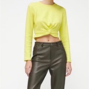 Zara Ruched Textured Crop Top Neon Long Sleeve, Size S